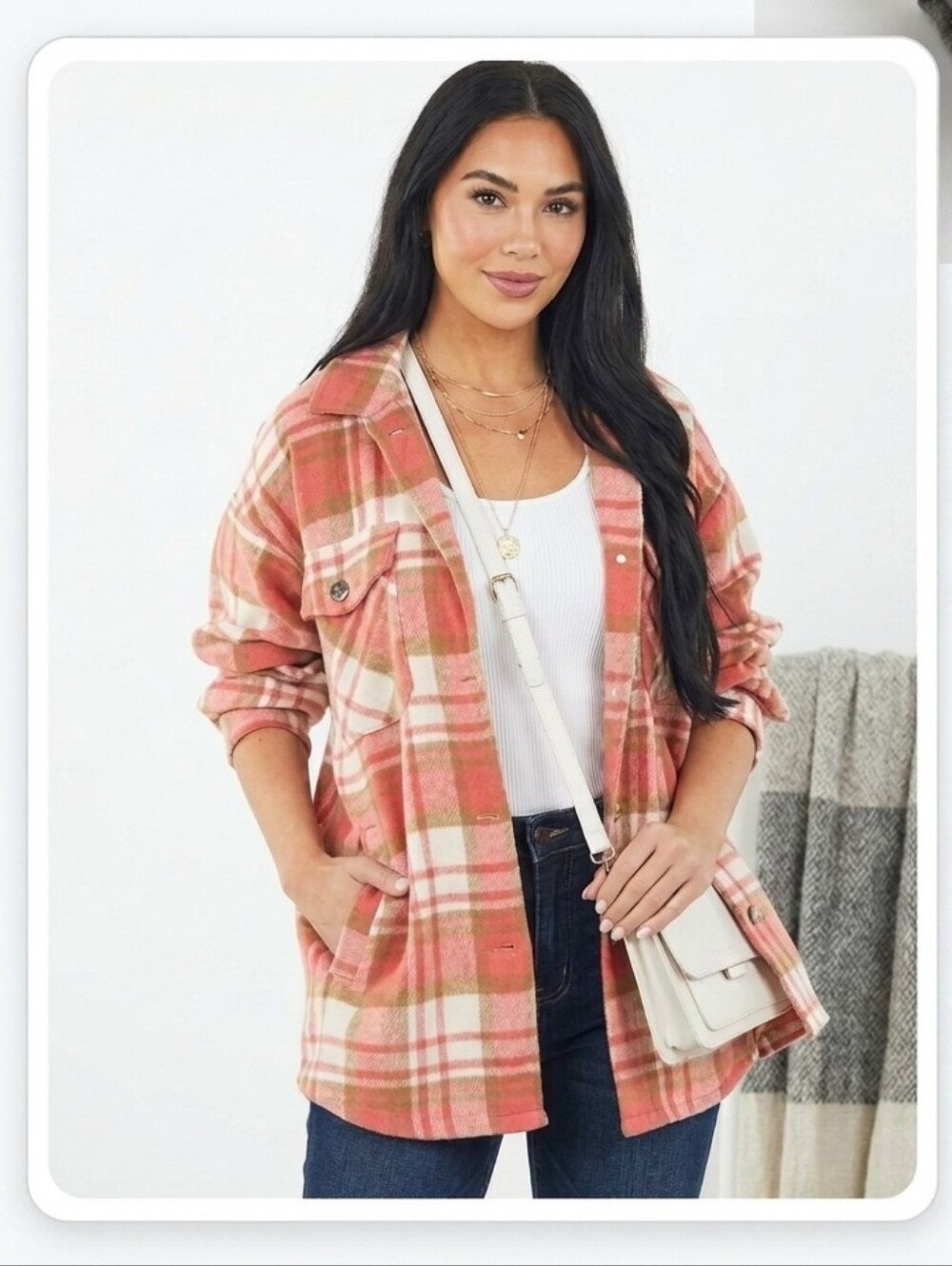 SHE + SKY Coral and Cream Plaid Shacket
